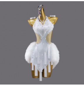 Custom size White feather competition Latin dance dress for women girls kids salsa rumba chacha dance tassel contest costume Senior Blackpool Flower Suit